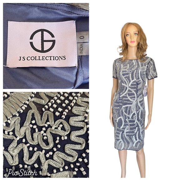 JS Collections Navy and Silver Beaded Dress - Picture 3 of 16